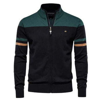 Women's colorblock knit zip-up winter cardigan with ribbed cuffs and hem - Black