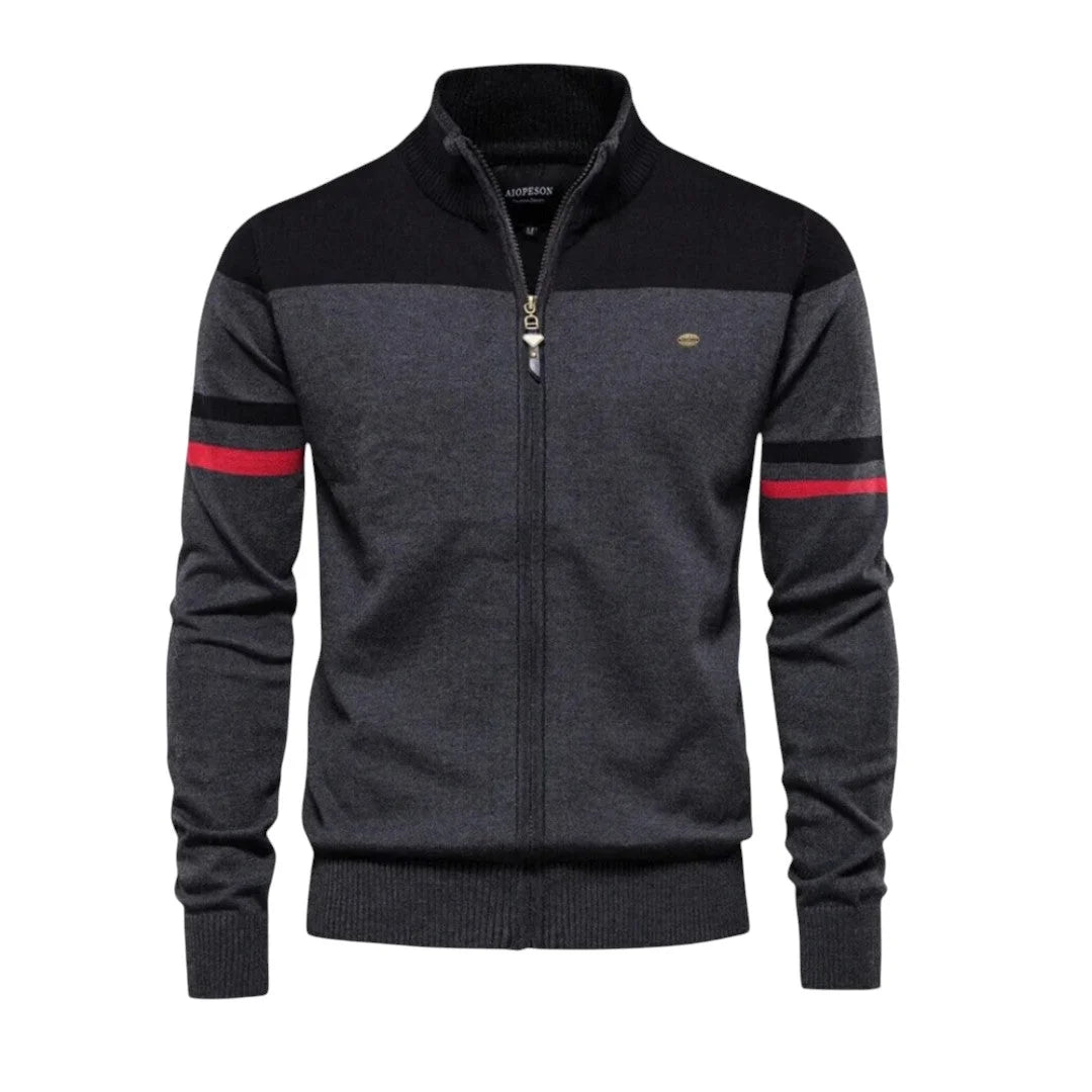 Women's colorblock knit zip-up winter cardigan with ribbed cuffs and hem - Black