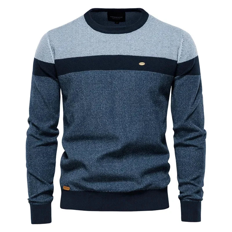 Women's striped knit crew neck winter sweater with chest emblem - Blue