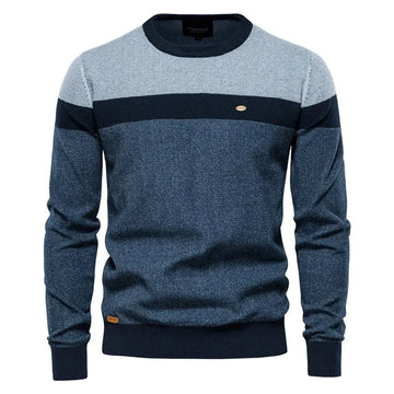 Women's striped knit crew neck winter sweater with chest emblem - Blue