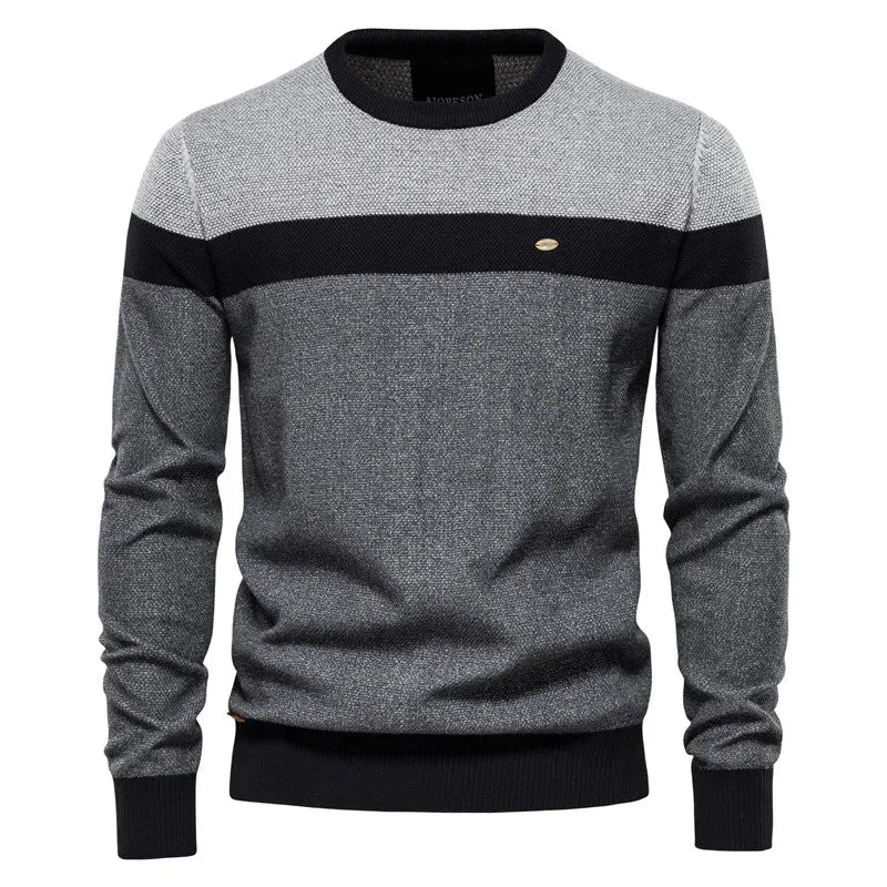 Women's striped knit crew neck winter sweater with chest emblem - Blue