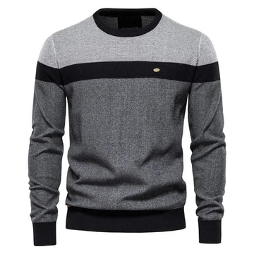 Women's striped knit crew neck winter sweater with chest emblem - Blue
