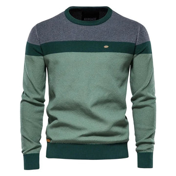 Women's striped knit crew neck winter sweater with chest emblem - Blue