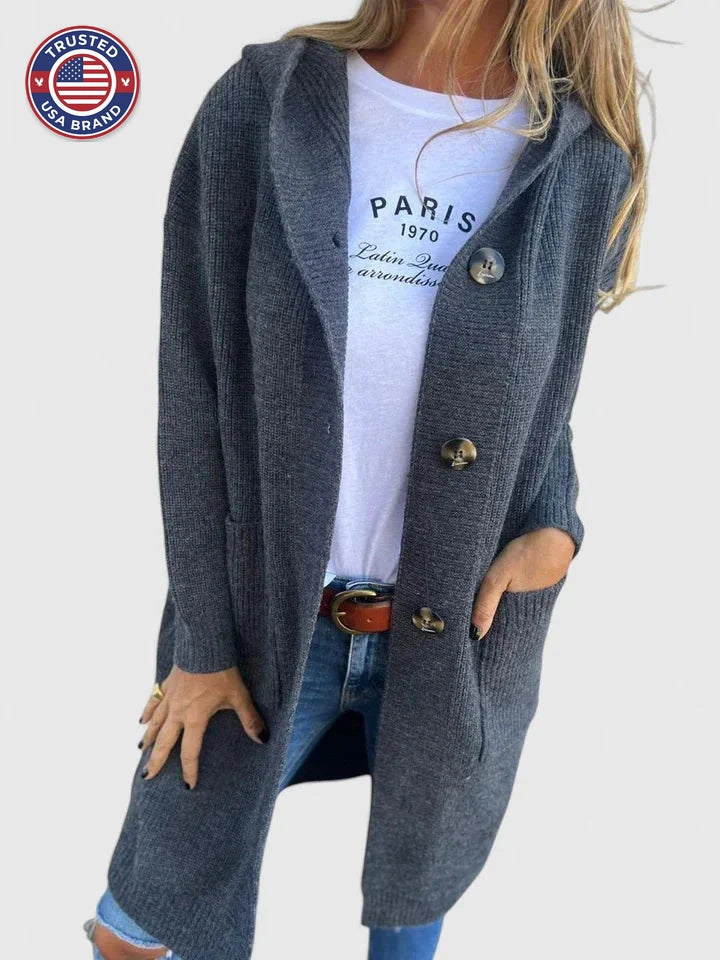 Women's ribbed button-front hooded winter cardigan with patch pockets - Beige
