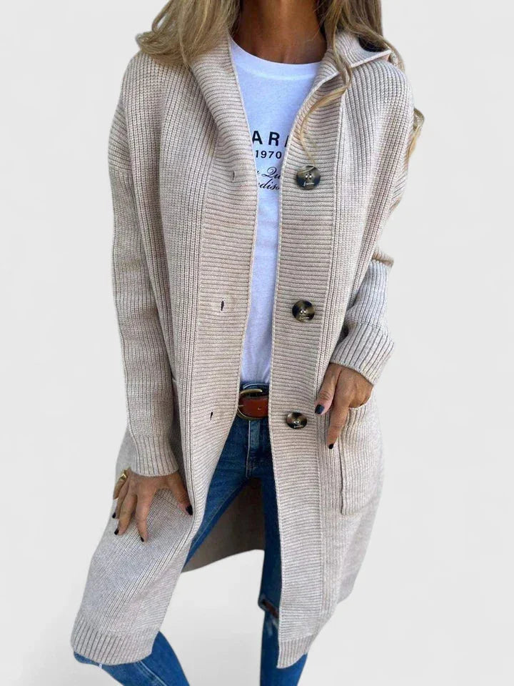Women's ribbed button-front hooded winter cardigan with patch pockets - Beige