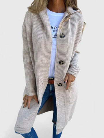 Women's ribbed button-front hooded winter cardigan with patch pockets - Beige