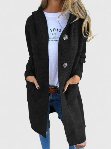 Women's ribbed button-front hooded winter cardigan with patch pockets - Beige