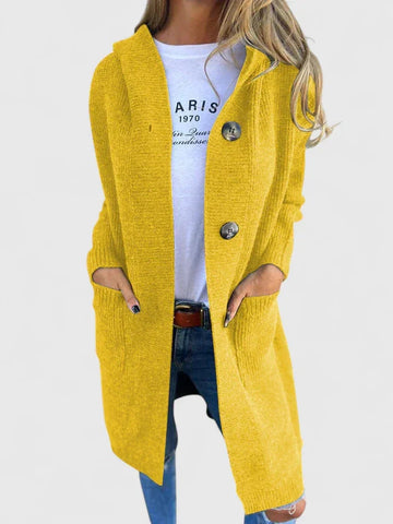 Women's ribbed button-front hooded winter cardigan with patch pockets - Beige