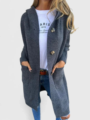 Women's ribbed button-front hooded winter cardigan with patch pockets - Beige