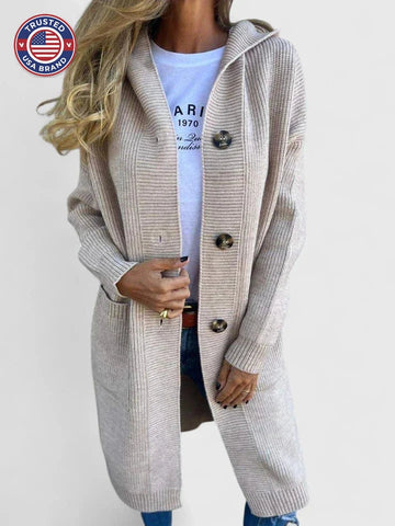 Women's ribbed button-front hooded winter cardigan with patch pockets - Beige