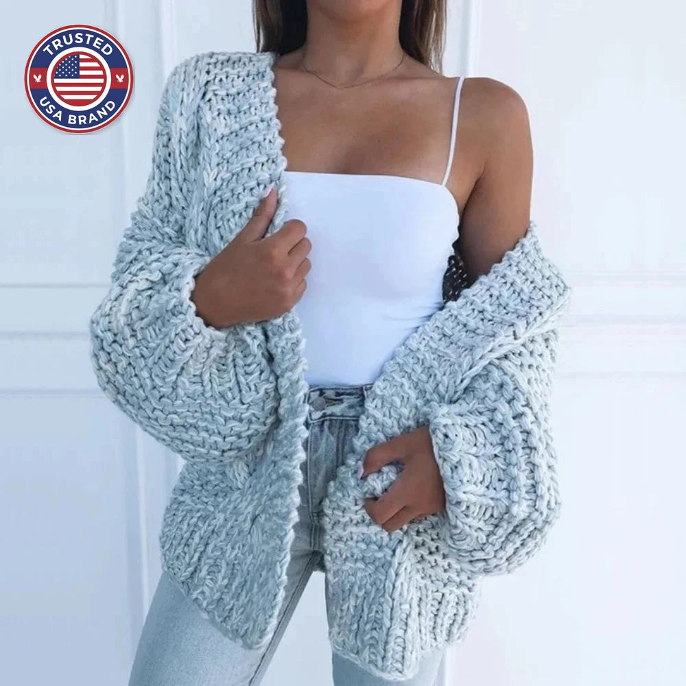 Women's knit open-front winter cardigan with balloon sleeves - Black