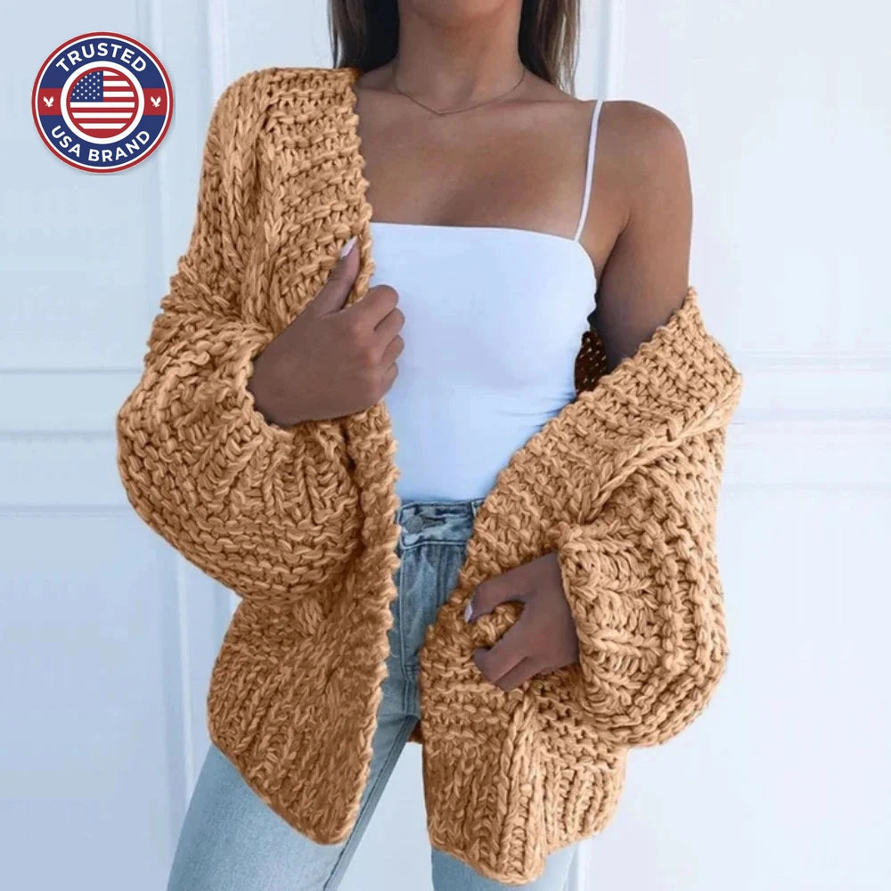 Women's knit open-front winter cardigan with balloon sleeves - Black