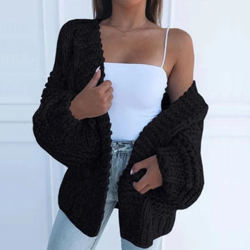Women's knit open-front winter cardigan with balloon sleeves - Black