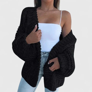 Women's knit open-front winter cardigan with balloon sleeves - Black