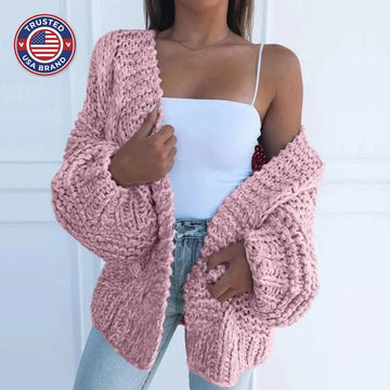 Women's knit open-front winter cardigan with balloon sleeves - Black