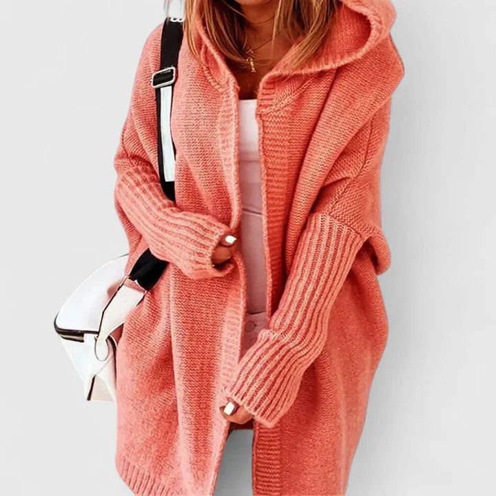 Women's knit open-front hooded winter cardigan with ribbed cuffs - Blue