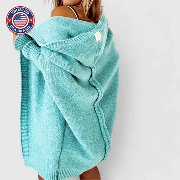 Women's knit open-front hooded winter cardigan with ribbed cuffs - Blue