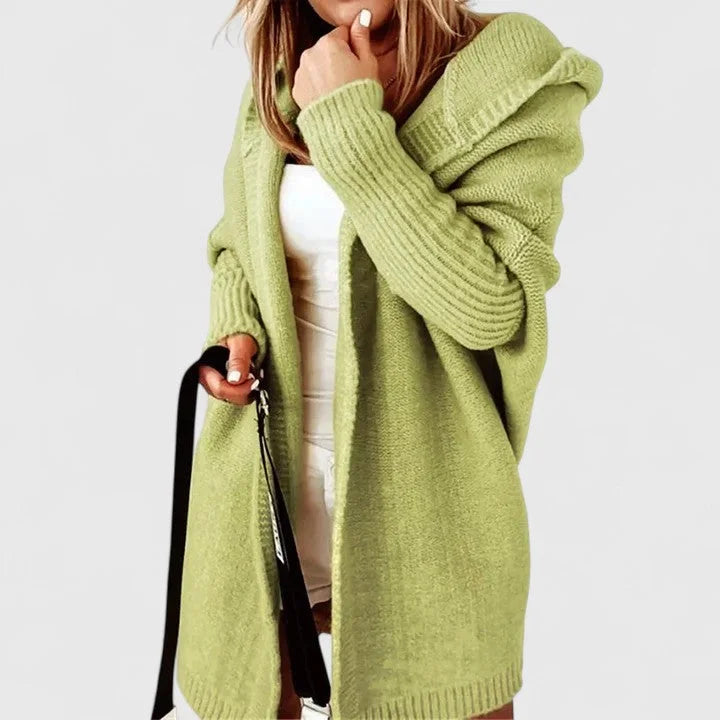 Women's knit open-front hooded winter cardigan with ribbed cuffs - Blue