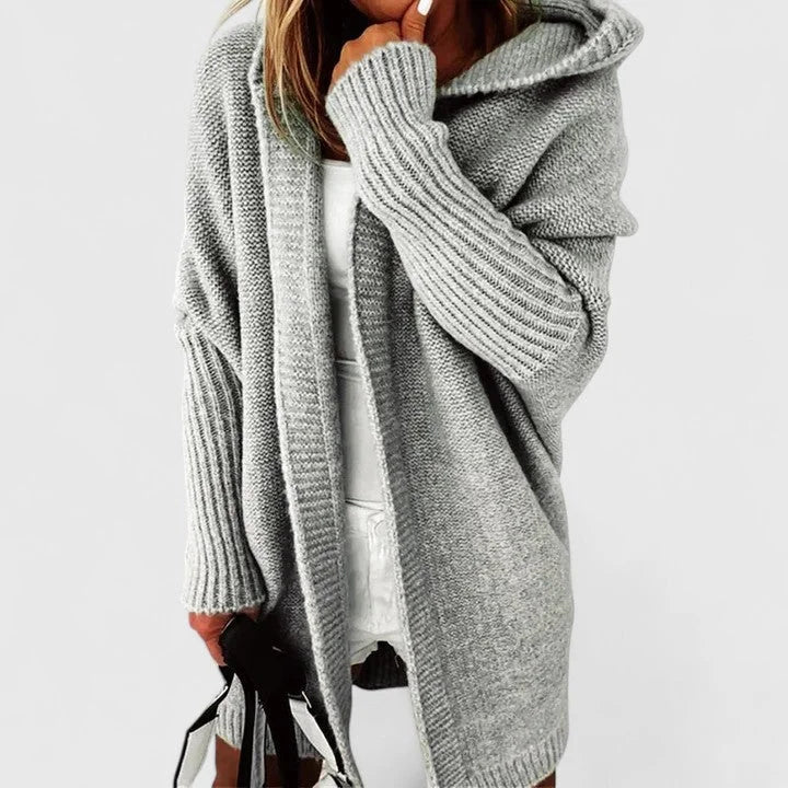 Women's knit open-front hooded winter cardigan with ribbed cuffs - Blue