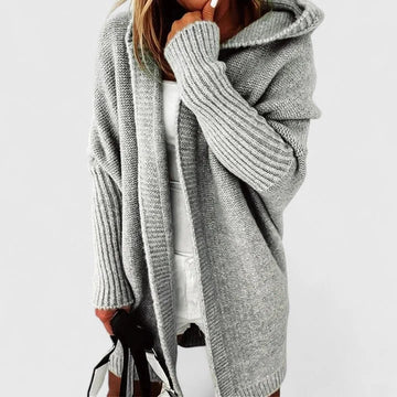 Women's knit open-front hooded winter cardigan with ribbed cuffs - Blue