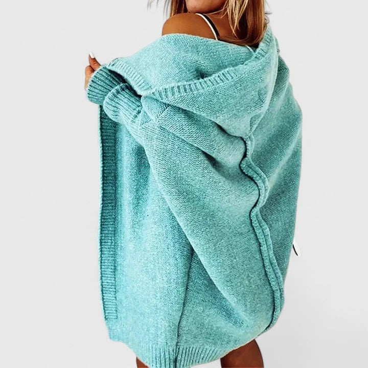 Women's knit open-front hooded winter cardigan with ribbed cuffs - Blue