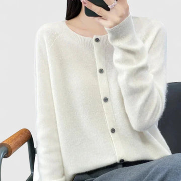Women's knit button-front crew neck winter cardigan with ribbed cuffs - Green