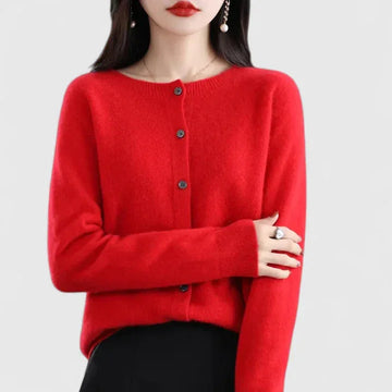 Women's knit button-front crew neck winter cardigan with ribbed cuffs - Green
