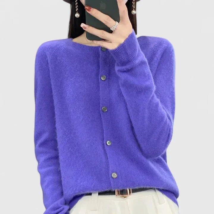 Women's knit button-front crew neck winter cardigan with ribbed cuffs - Green