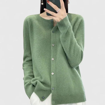 Women's knit button-front crew neck winter cardigan with ribbed cuffs - Green