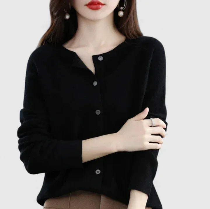 Women's knit button-front crew neck winter cardigan with ribbed cuffs - Green