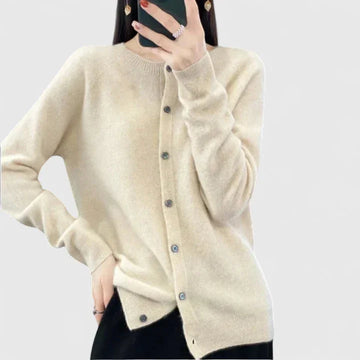 Women's knit button-front crew neck winter cardigan with ribbed cuffs - Green