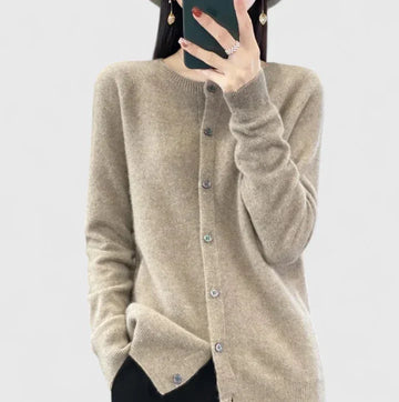 Women's knit button-front crew neck winter cardigan with ribbed cuffs - Green