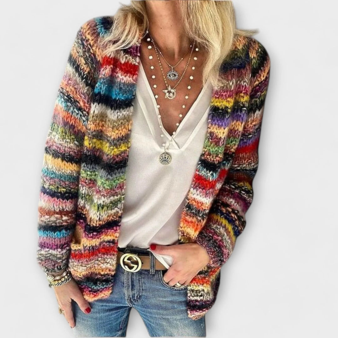 Women's striped knit open-front winter cardigan - Red