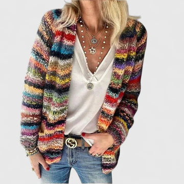 Women's striped knit open-front winter cardigan with v-neck - Red