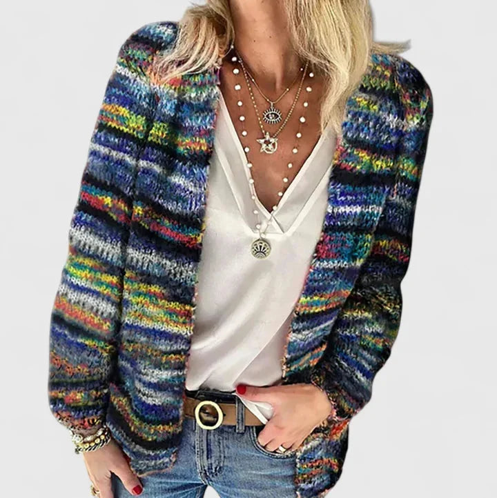 Women's striped knit open-front winter cardigan with v-neck - Red