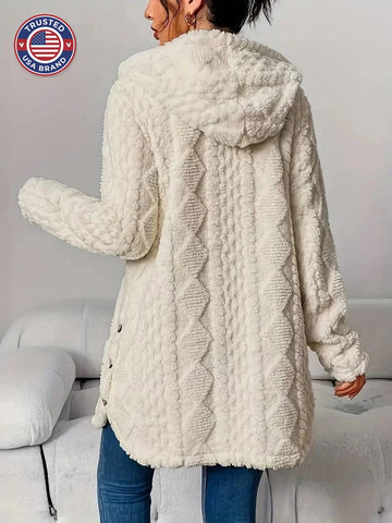 Women's plush hooded button-front winter long cardigan sweater