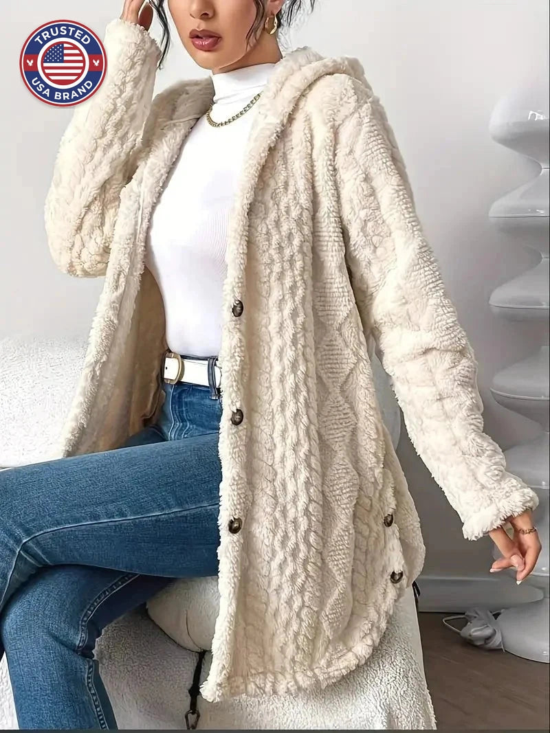 Women's plush hooded button-front winter long cardigan sweater