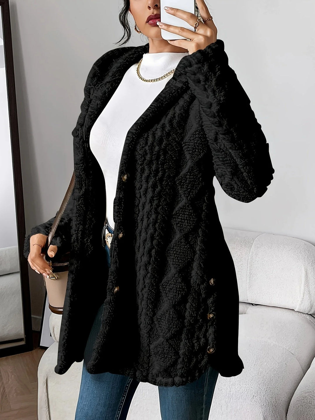 Women's plush hooded button-front winter long cardigan sweater in Black
