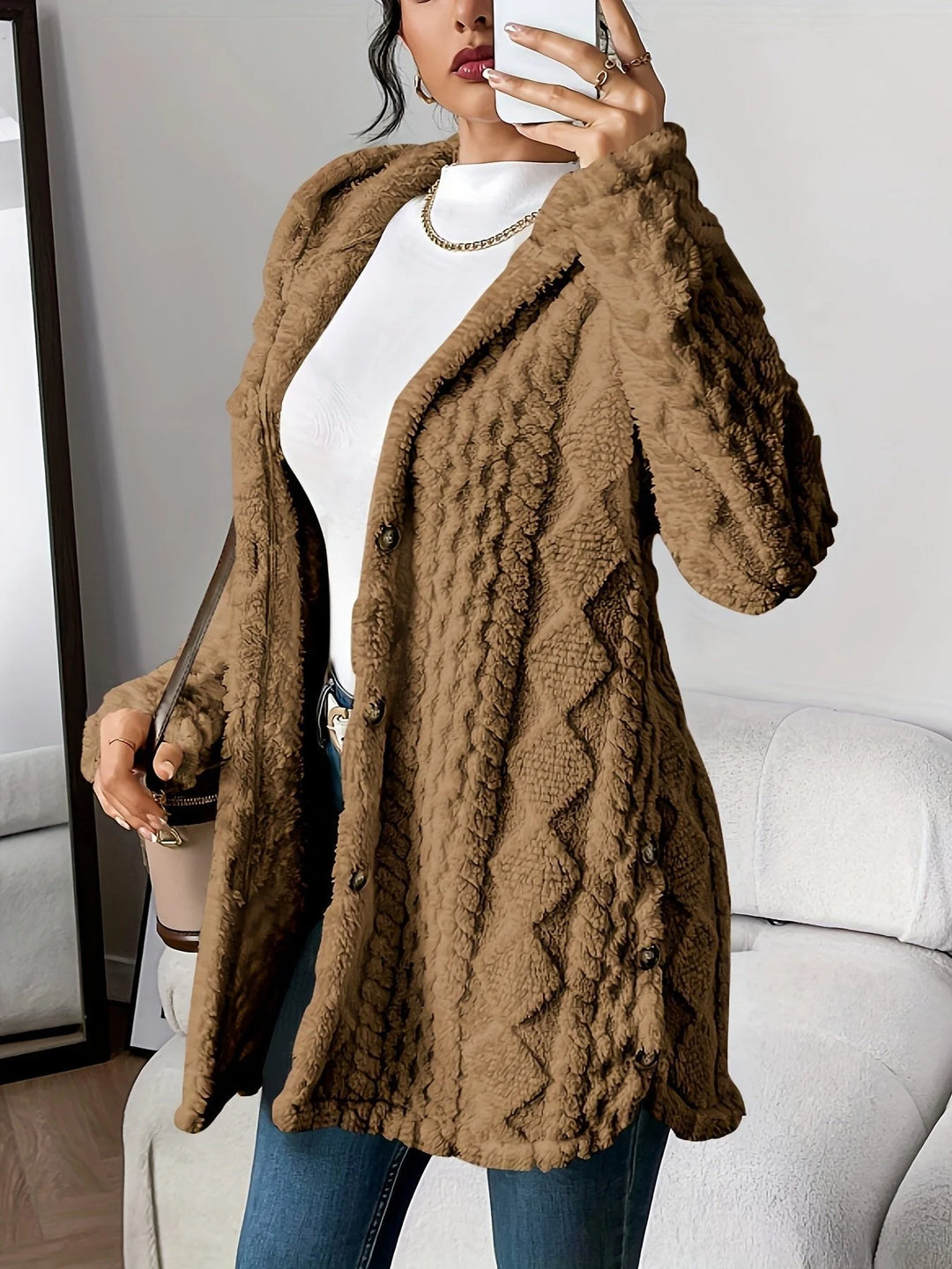 Women's plush hooded button-front winter long cardigan sweater in Brown