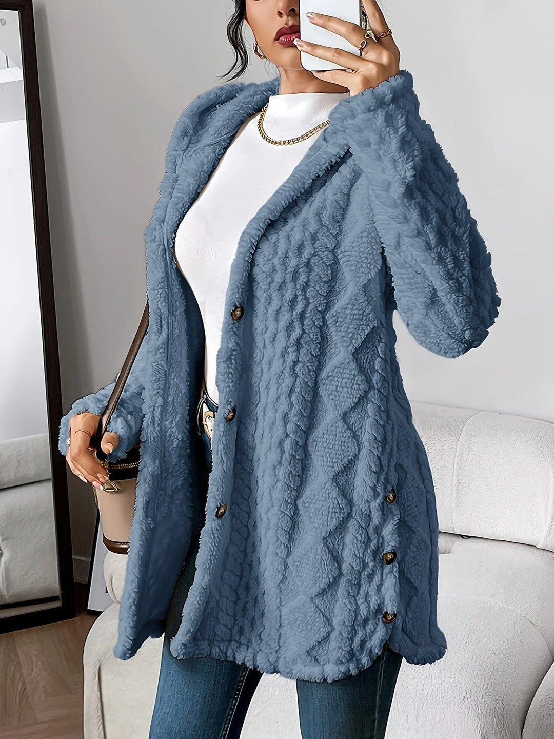 Women's plush hooded button-front winter long cardigan sweater in Denim Blue
