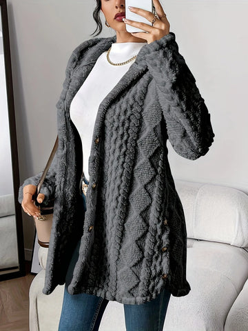 Women's plush hooded button-front winter long cardigan sweater in Gray