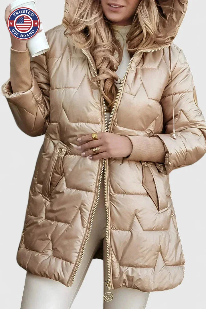 Women's zip-up hooded winter quilted coat with shiny finish - Beige