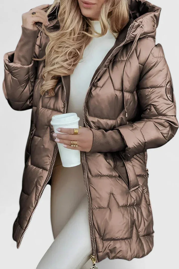 Women's zip-up hooded winter quilted coat with shiny finish - Beige