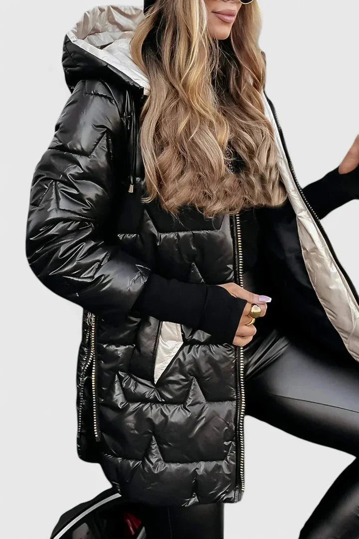 Women's zip-up hooded winter quilted coat with shiny finish - Beige