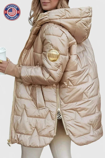 Women's zip-up hooded winter quilted coat with shiny finish - Beige