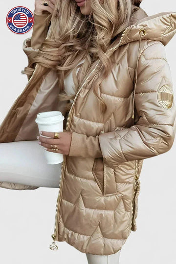 Women's zip-up hooded winter quilted coat with shiny finish - Beige