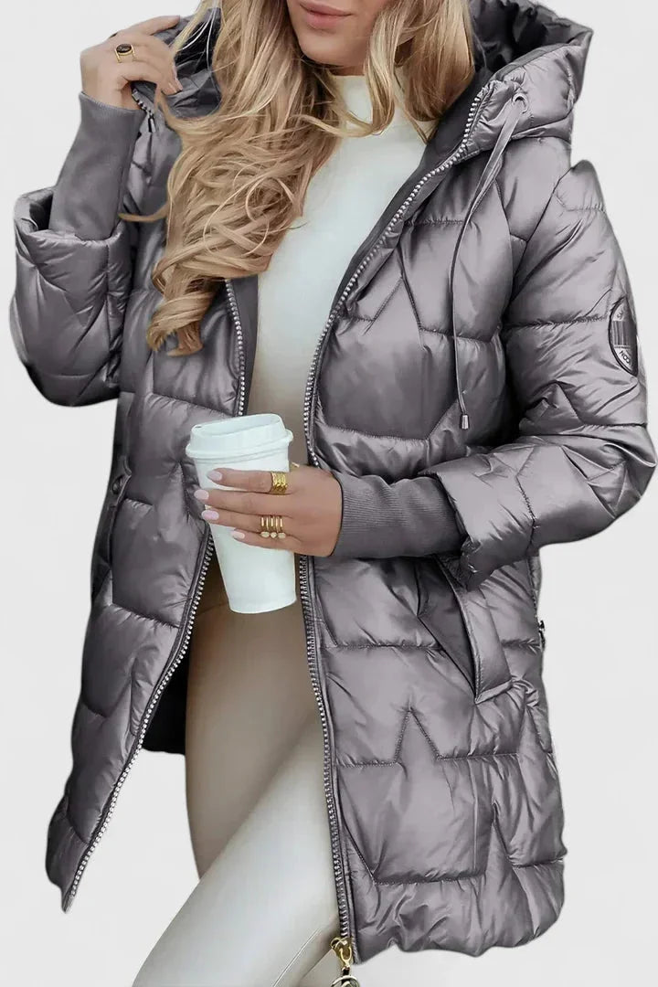Women's zip-up hooded winter quilted coat with shiny finish - Beige