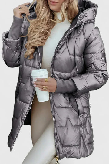 Women's zip-up hooded winter quilted coat with shiny finish - Beige