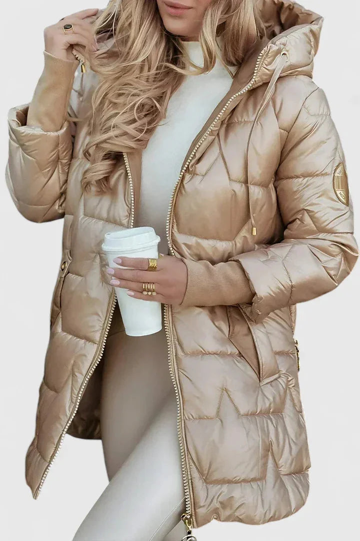 Women's zip-up hooded winter quilted coat with shiny finish - Beige