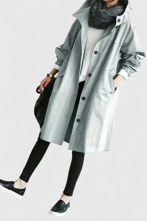 Women's button-front hooded winter parka with elasticated cuffs - Light Gray